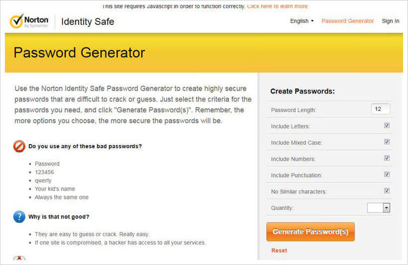 Norton Password Generator