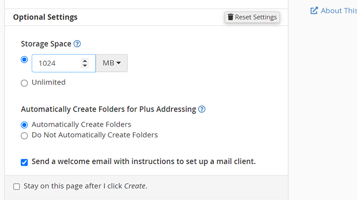 optional setting  در ساخت ایمیل اینفو در سی پنل