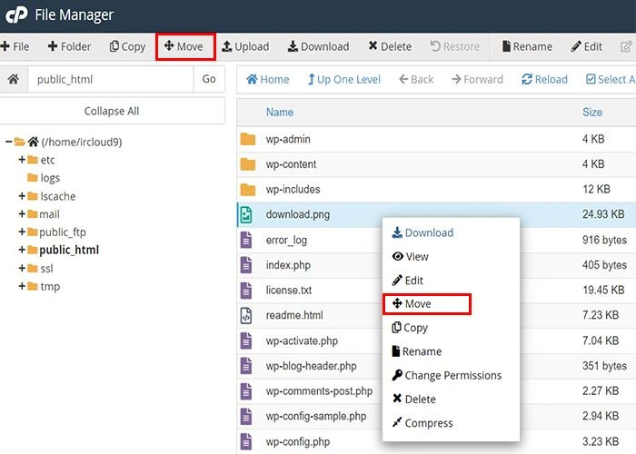 نحوه move کردن فایل ها در سی پنل