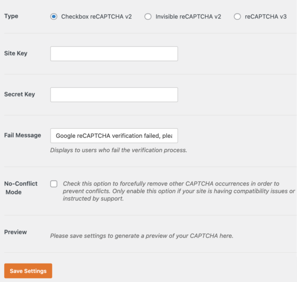 تنظیمات reCAPTCHA