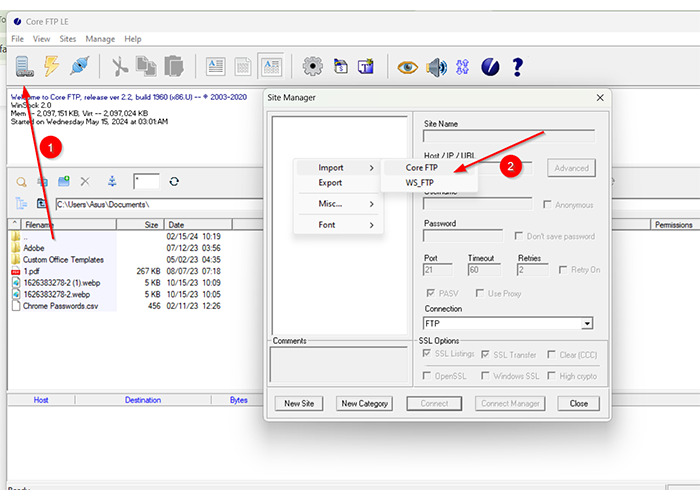 انتخاب گزینه core ftp