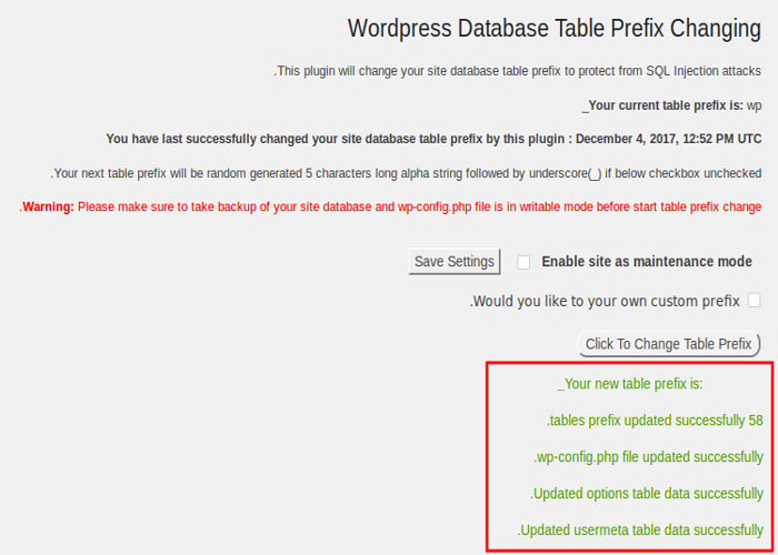  گزینه Click To Change Table Prefix fvhd تغییر پیشوند جدول در وردپرس